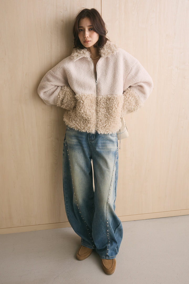 [SET]ボア×プードルファーパッチワークブルゾン+スタッズデザインカーブデニムワイドパンツ(2set)