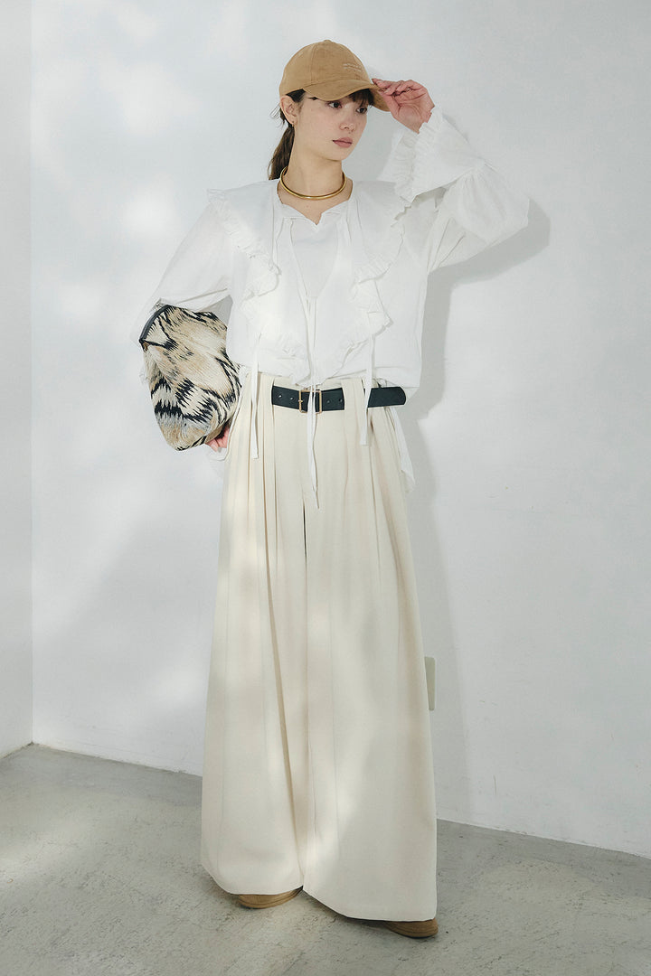 [SET]コットンフリルブラウス+ベルト付きタックデザインハイウエストロングパンツ(2set)