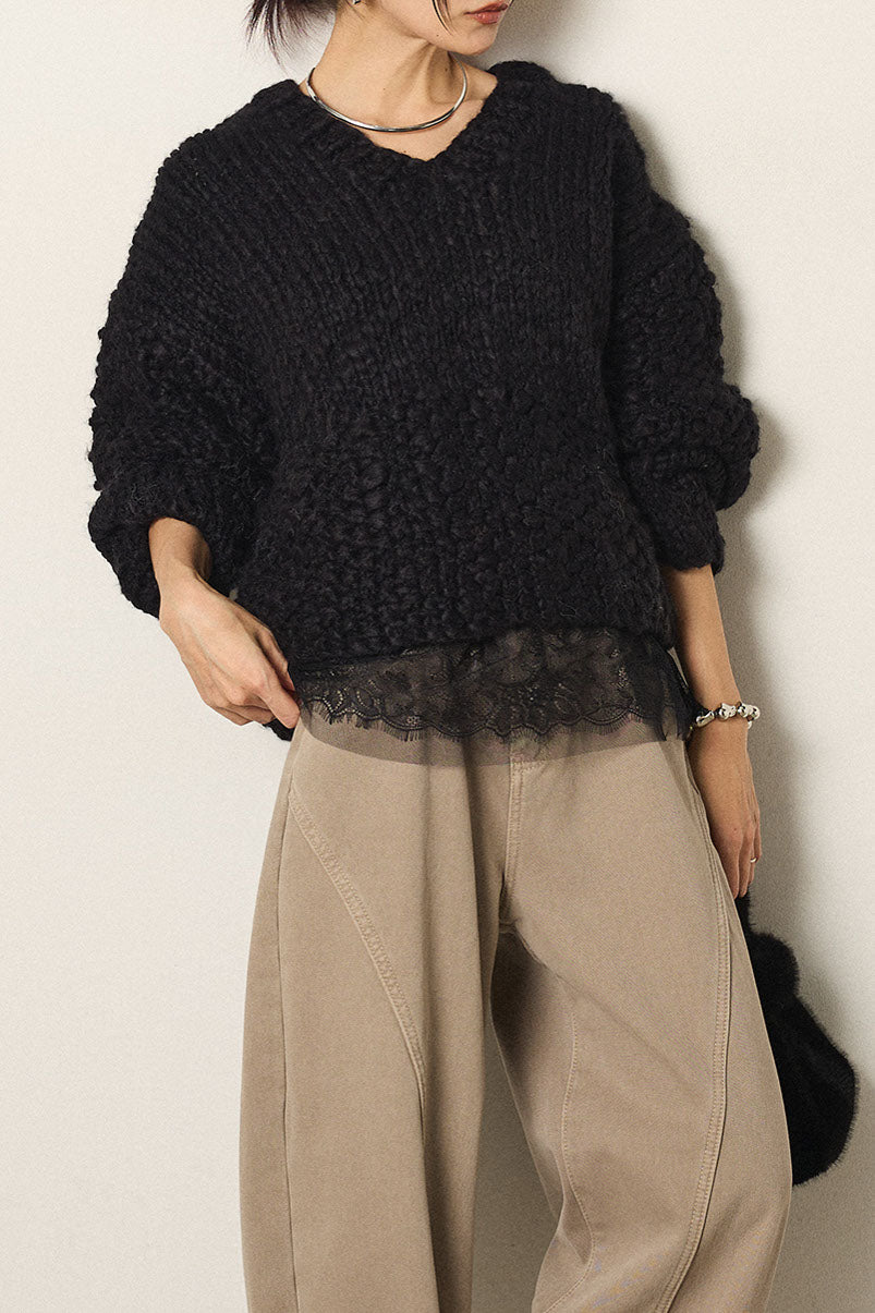 [SET]Vネックハンド編みニットトップス+レース切り替えキャミソール(2set)