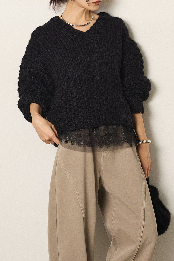 [SET]Vネックハンド編みニットトップス+レース切り替えキャミソール(2set)