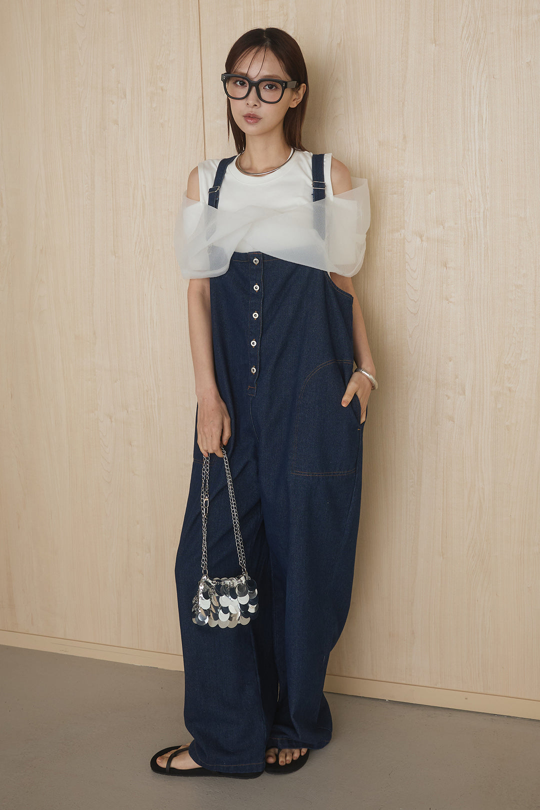 [SET]シアーレイヤーデザインカットソー+フロントボタンデニムサロペット(2set)