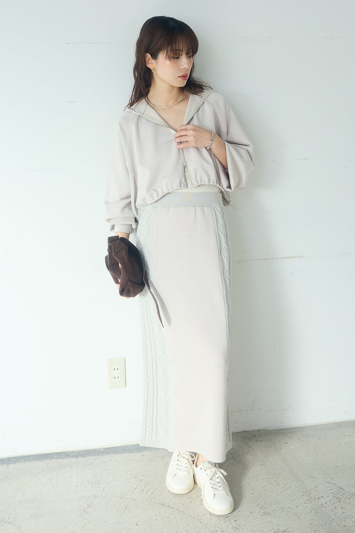 [SET]ドルマンショートフーディー+異素材ドッキングケーブルニットスカート(2set)