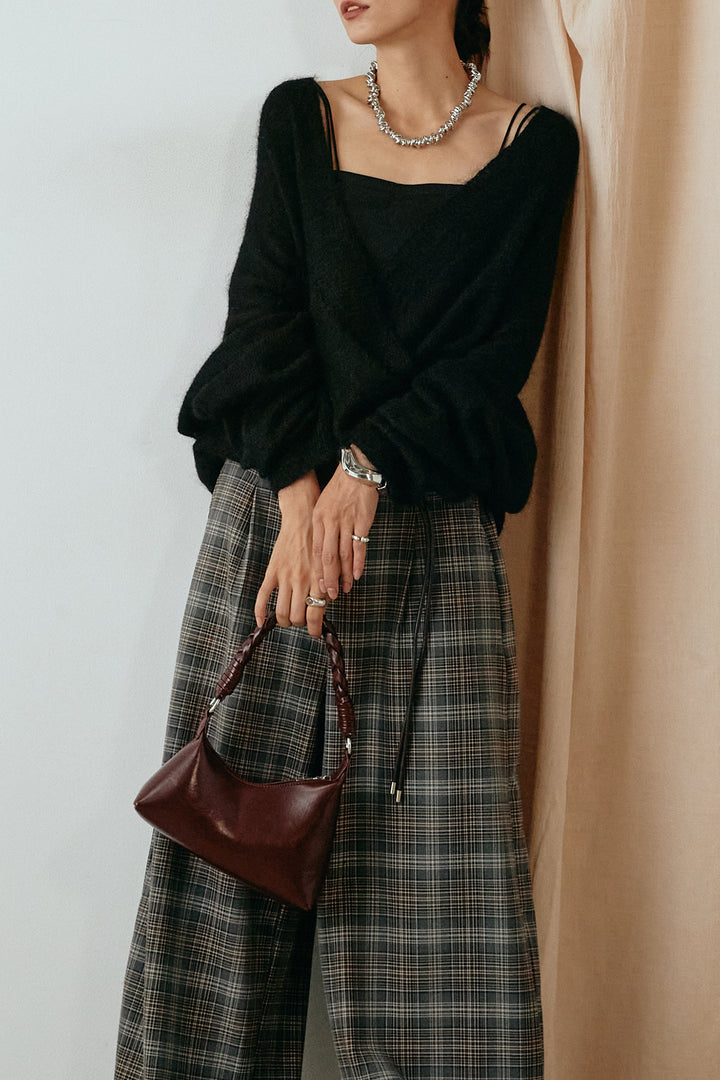 [SET]カシュクールデザインニット+編みベルト付きタータンチェックワイドパンツ(2set)