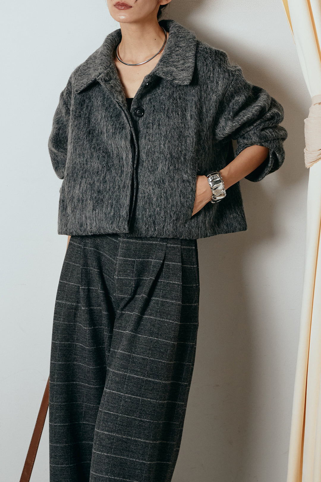 [SET]シャギーショートジャケット+スクエアチェック柄ワイドパンツ(2set)