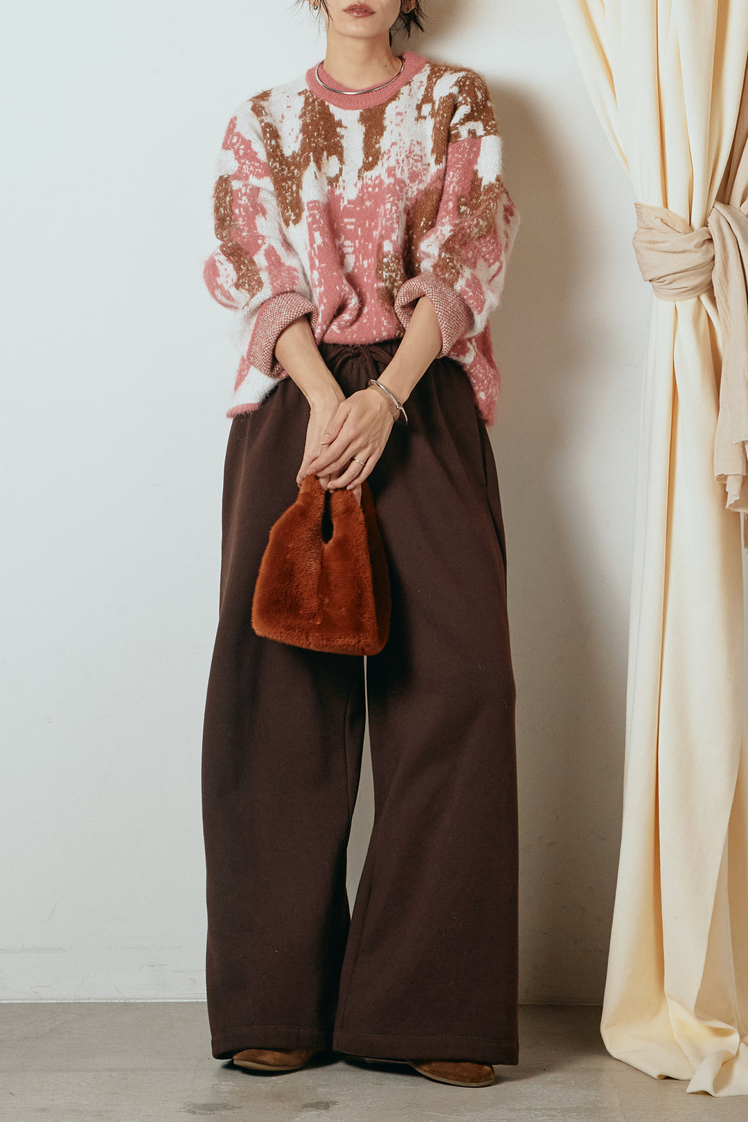 [SET]起毛ニュアンス柄ニットプルオーバー+裏起毛スウェットワイドパンツ(2set)