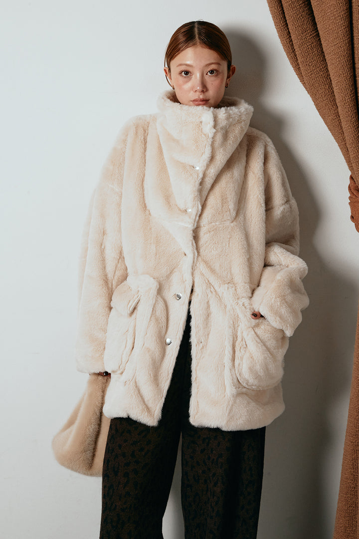 [SET]スタンドネックファーコート+レオパードジャガードニットパンツ(2set)