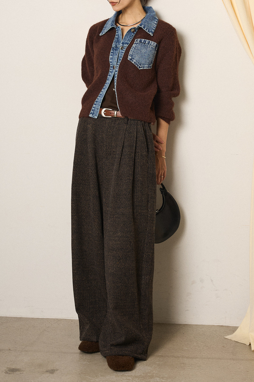 [SET]襟付きデニム切替ニットカーディガン+起毛タック入りツイードワイドパンツ(2set)