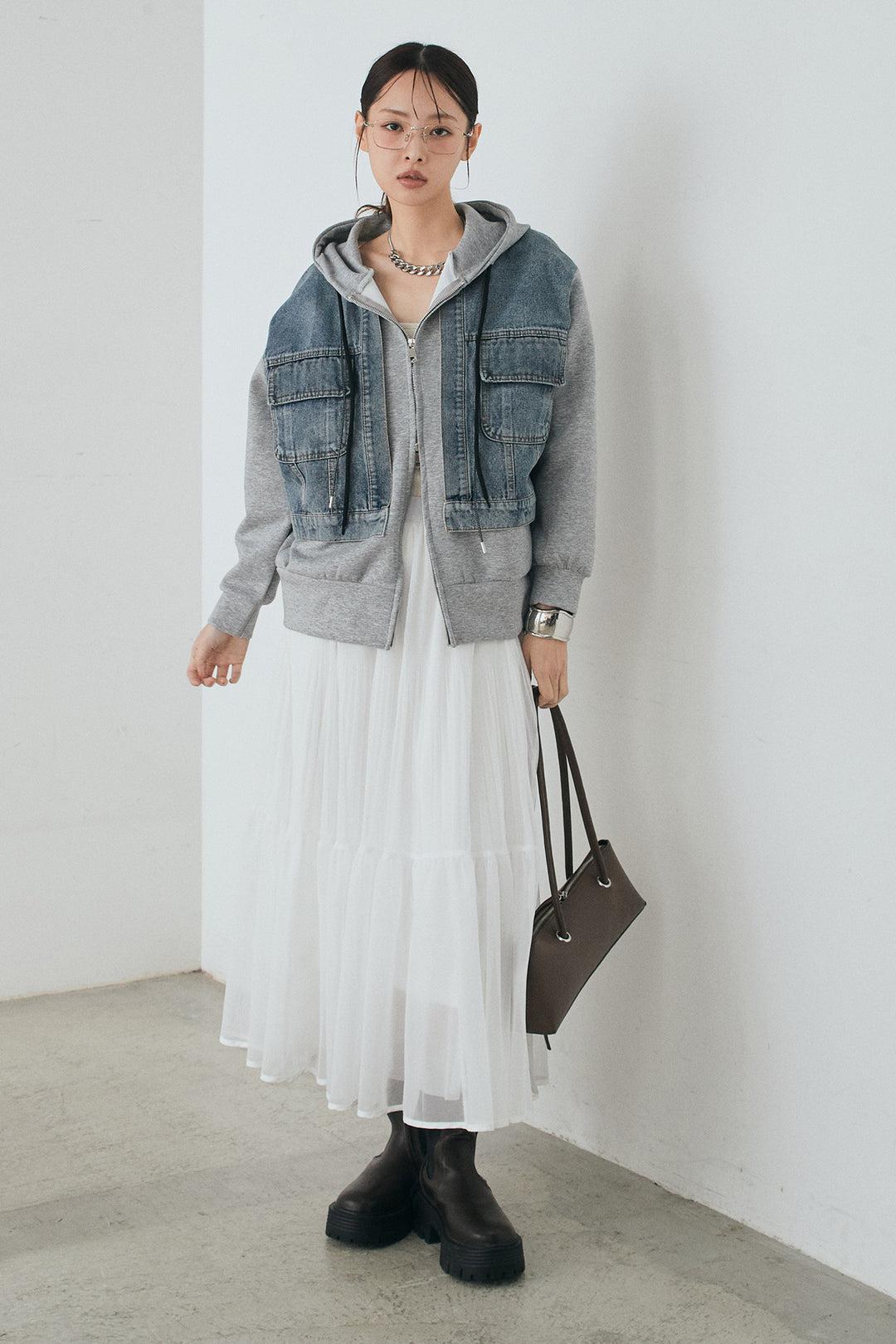 [SET]デニム切替ポンチダブルジップパーカー+ボリュームシルエットチュールスカート(2set)