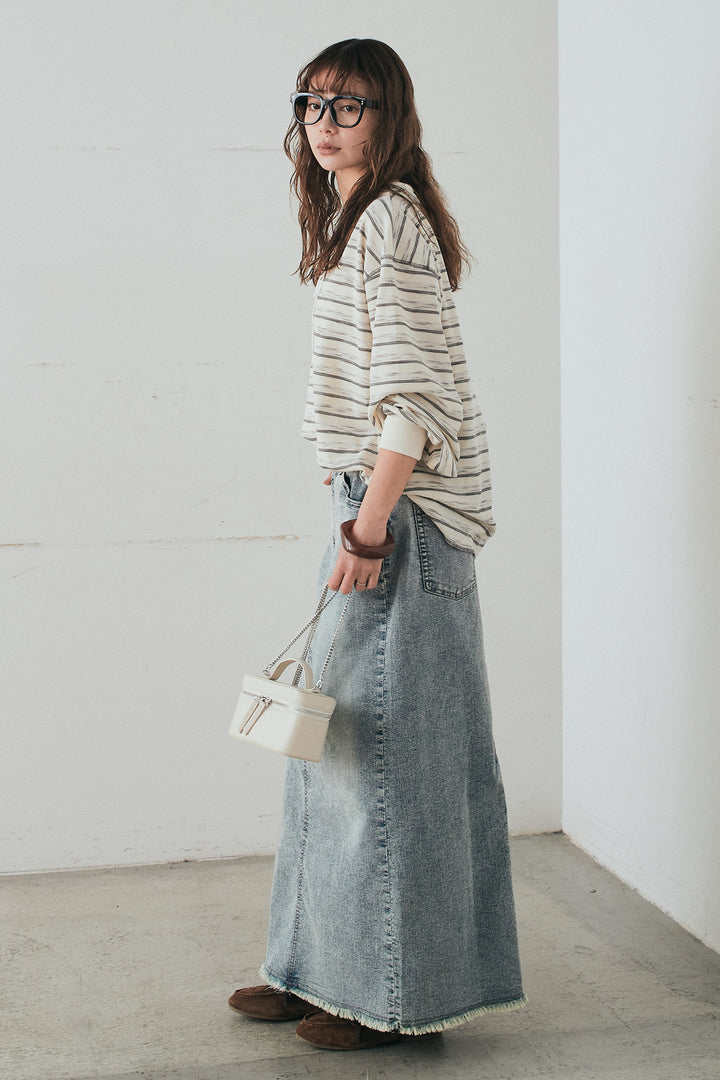 [SET]レースアップワッフルボーダートップス+ウエストクロスデニムタイトスカート(2set)