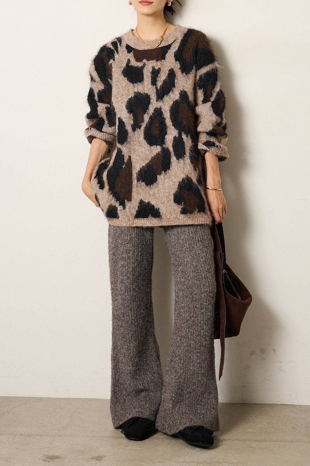 [SET]ルーズアニマルモヘアニットトップス+杢ニットリブフレアパンツ(2set)