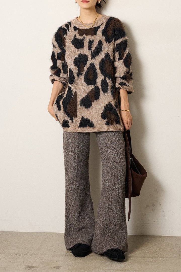 [SET]ルーズアニマルモヘアニットトップス+杢ニットリブフレアパンツ(2set)