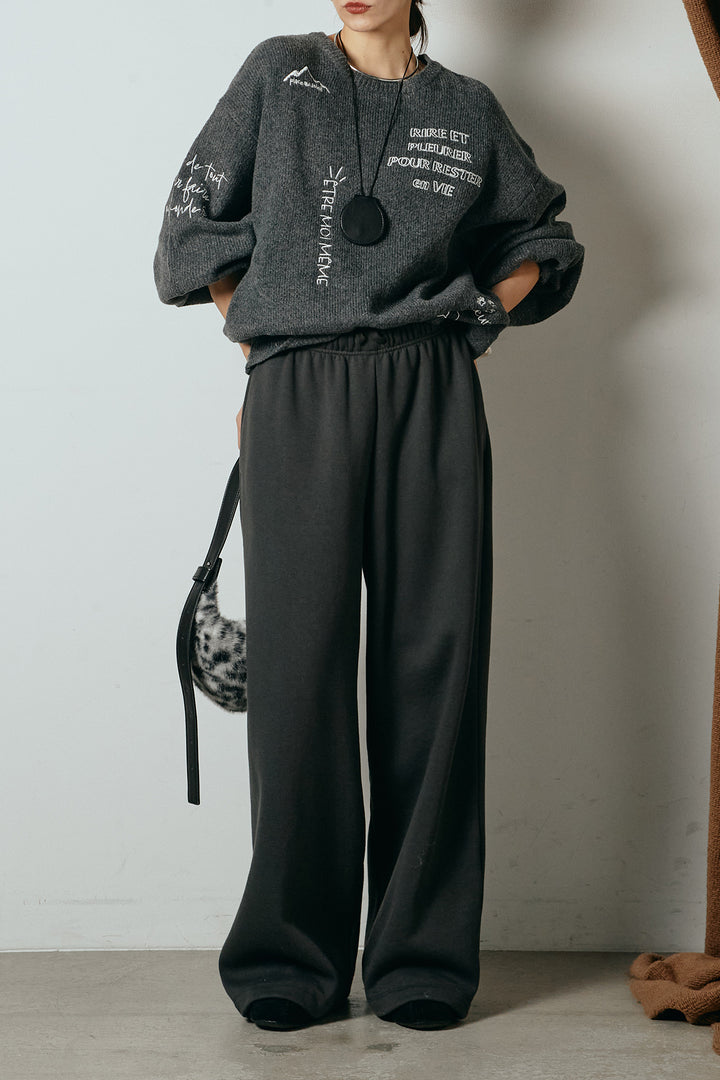 [SET]刺繍ロゴランダムデザインニットトップス+裏起毛スウェットワイドパンツ(2set)