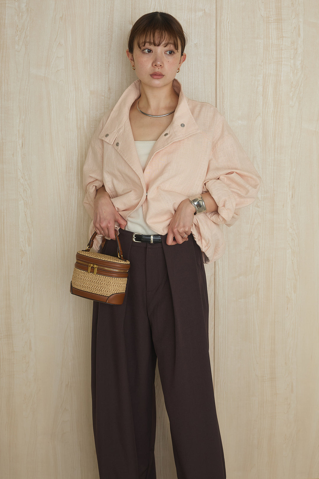 [SET]麻混スタンドネックブルゾン+ビックベルトループタックベルト付きワイドパンツ(2set)