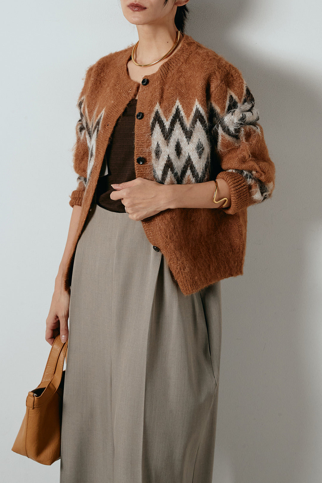 [SET]起毛ノルディック柄ニットカーディガン+ワイドツイルサロペット(2set)