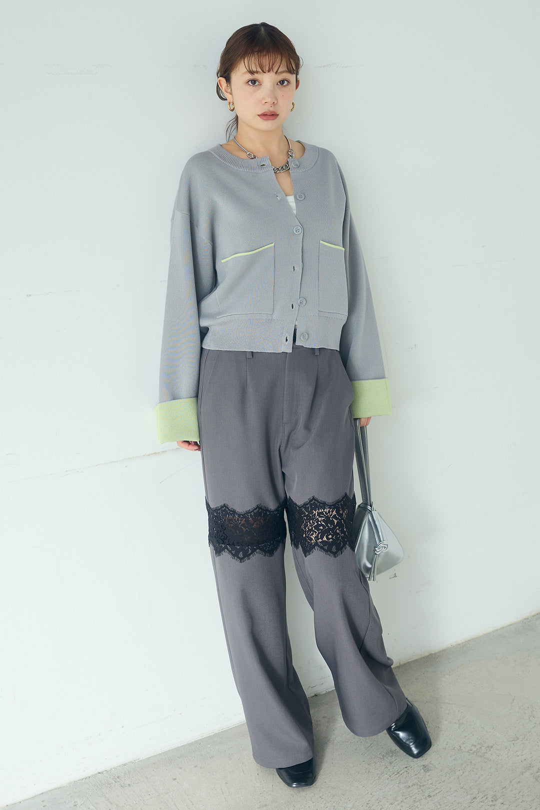 [SET]レーヨンポリダブルフェイスカーディガン+レース刺繍切替ワイドパンツ(2set)