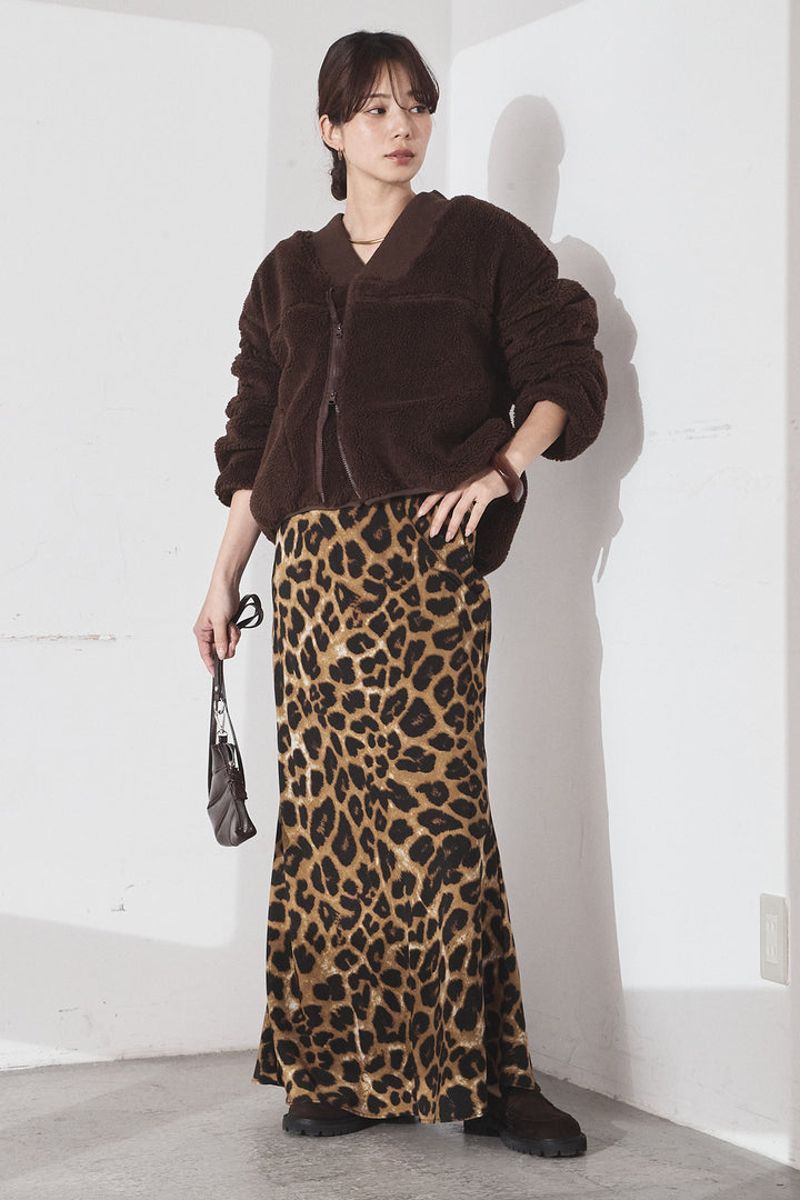 [SET]ノーカラーリブボアアウター+レオパードサテンナロースカート(2set)