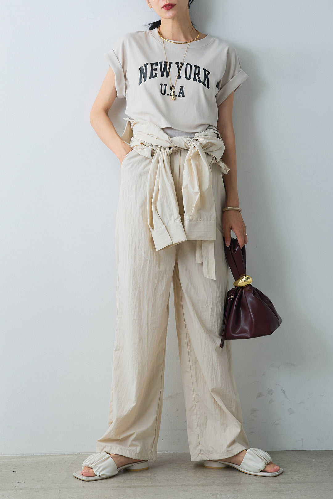 [SET]ショート丈NEWYORKロゴTシャツ+合繊ジャンプスーツ(2set)