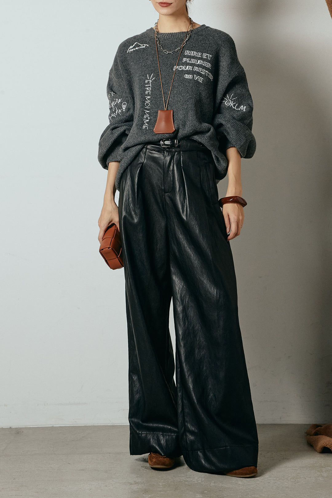 [SET]刺繍ロゴランダムデザインニットトップス+ベルト付きレザーライクタックパンツ(2set)