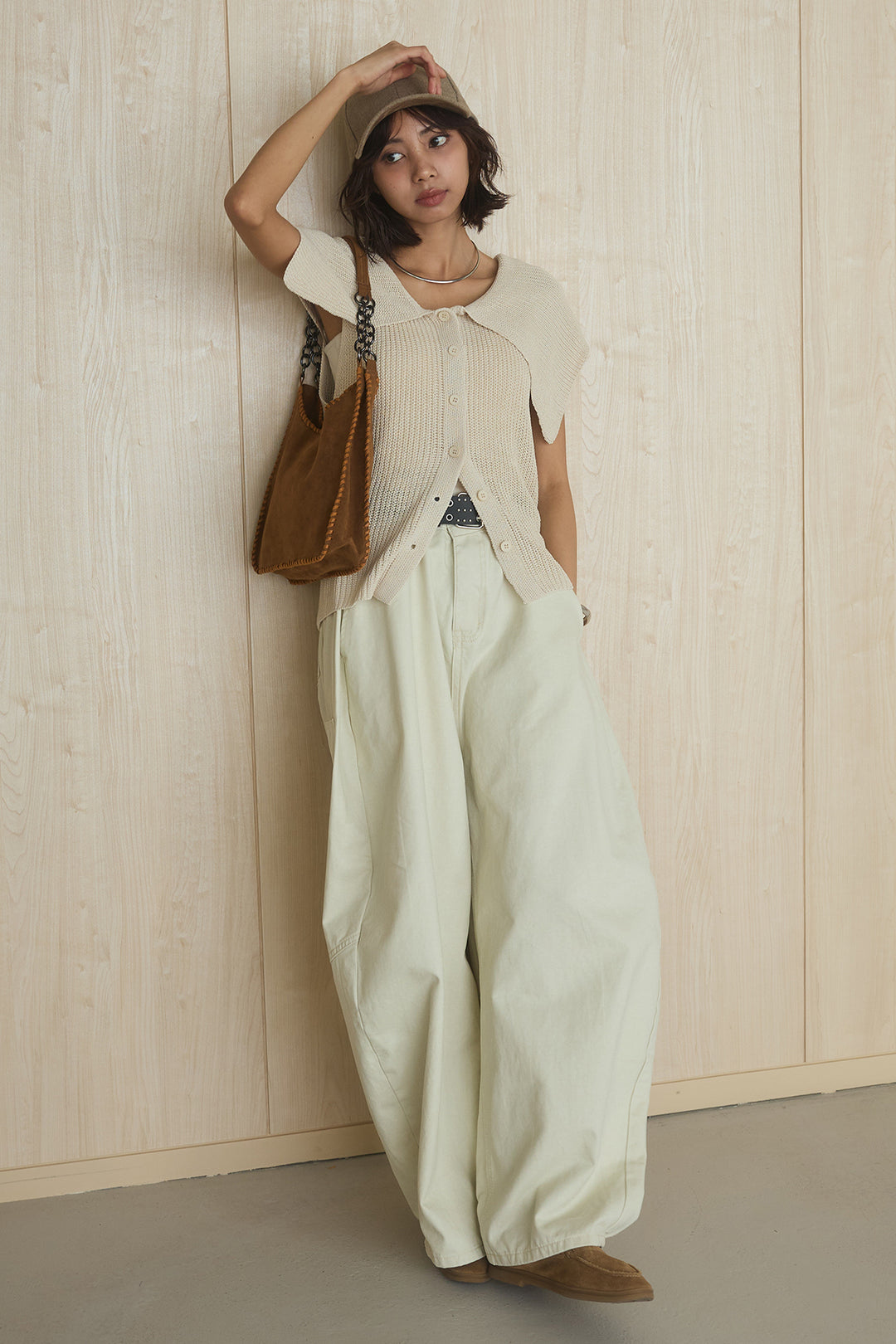 [SET]ビッグカラーボタンニットトップス+ベルト付きカラーデニムパンツ(2set)