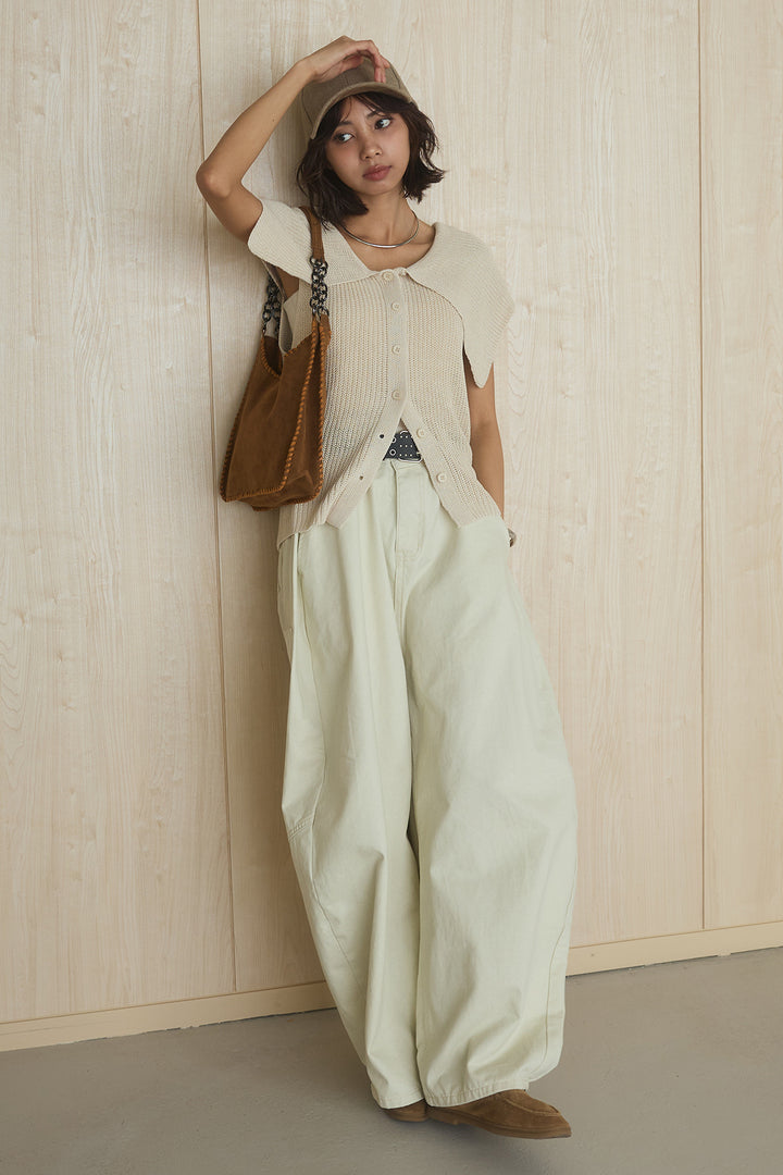 [SET]ビッグカラーボタンニットトップス+ベルト付きカラーデニムパンツ(2set)