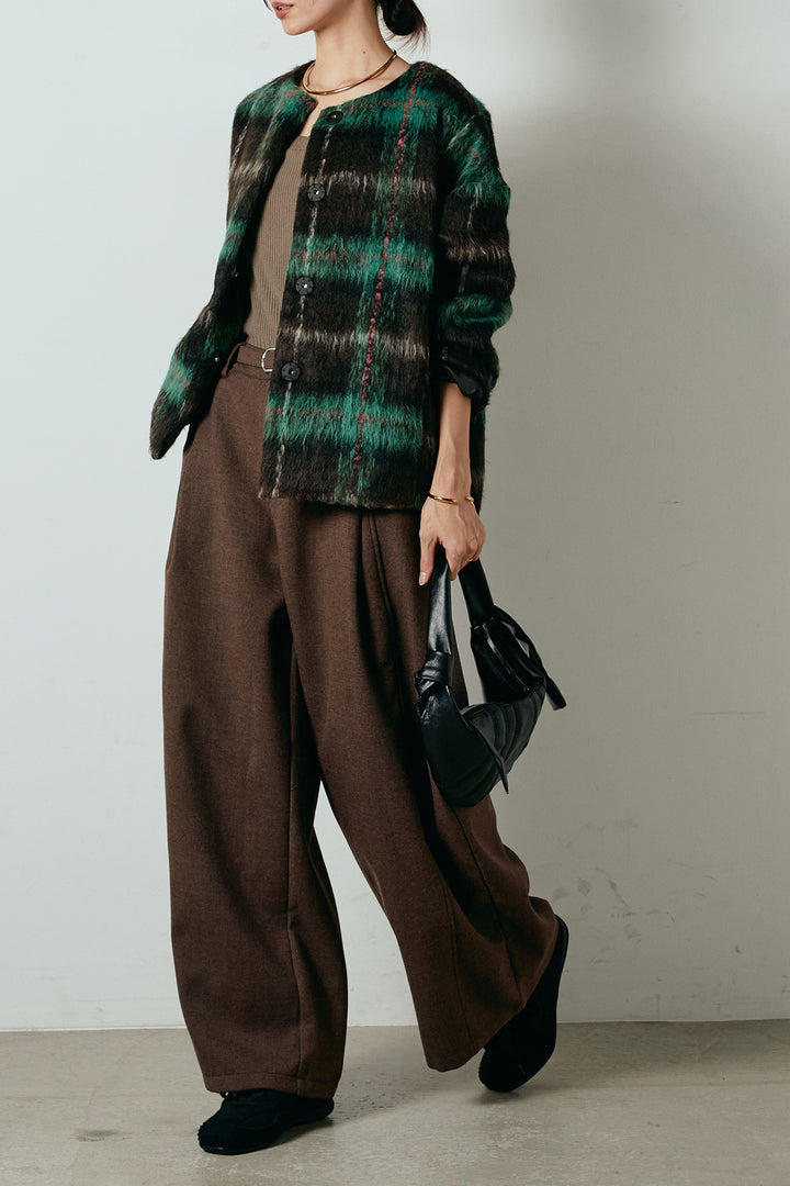 [SET]ノーカラーシャギーチェックアウター+ポーチベルト付きカーブパンツ(2set)