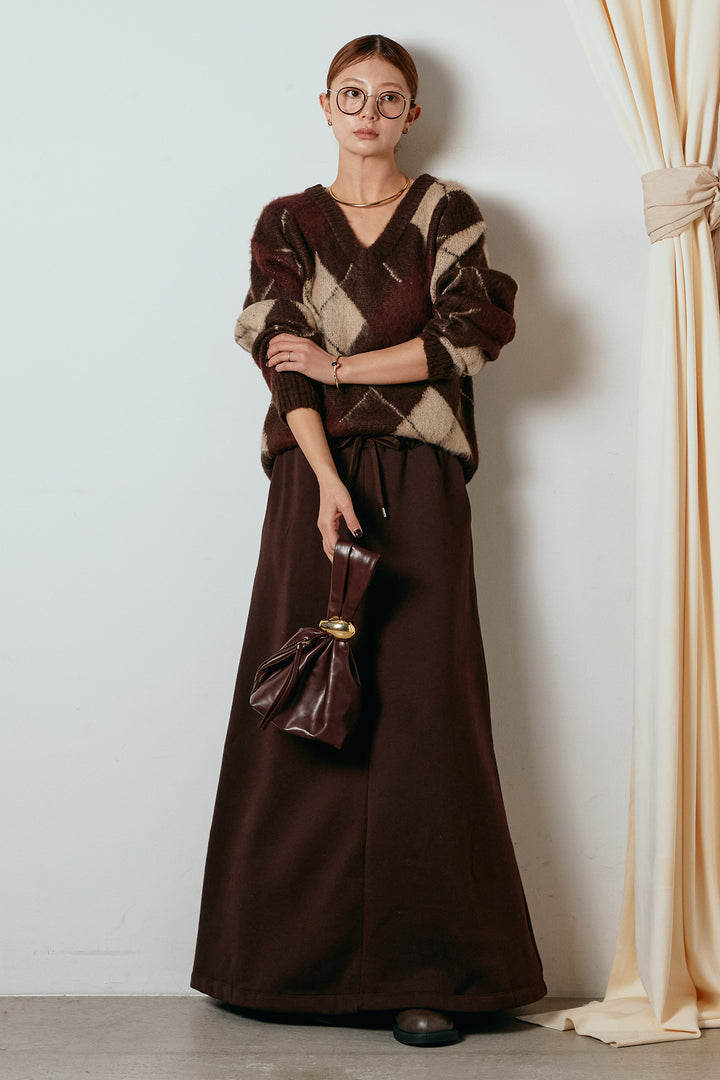 [SET]アクリルモヘアアーガイルVネックプルオーバー+裏起毛スウェットロングマキシスカート(2set)