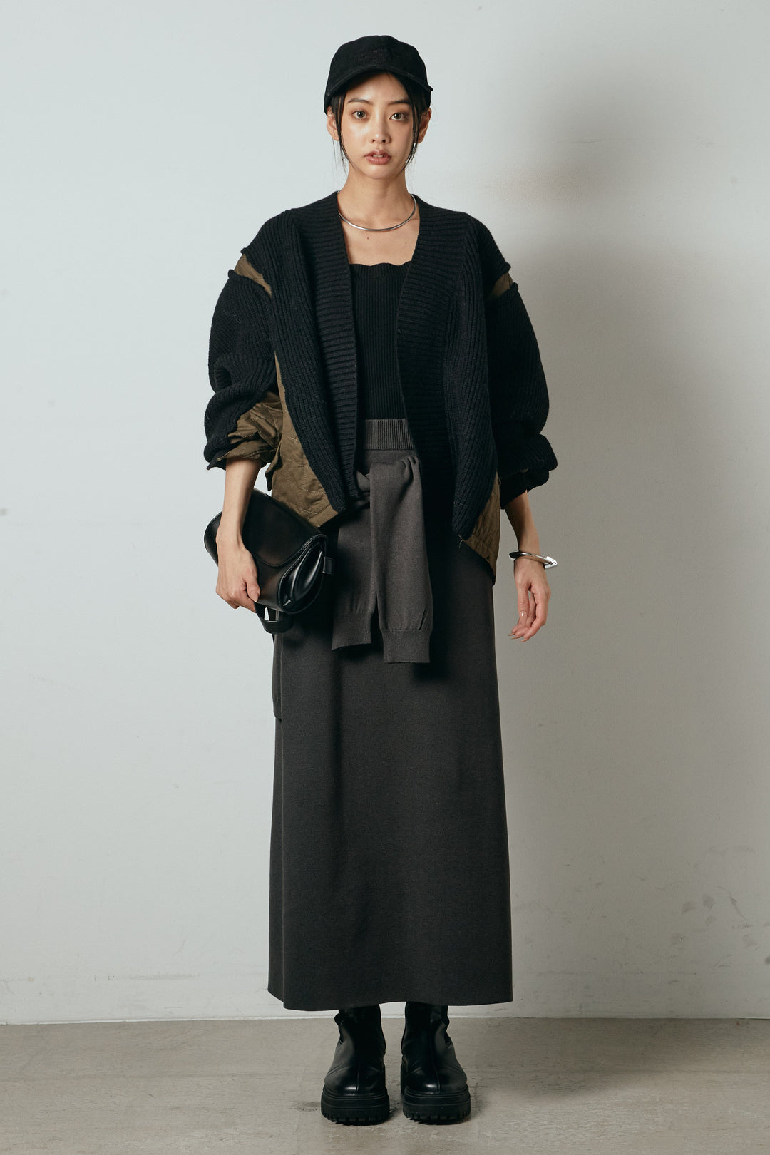 [SET]キルティング切り替えニットカーディガン+ウエストラップ巻きニットスカート(2set)