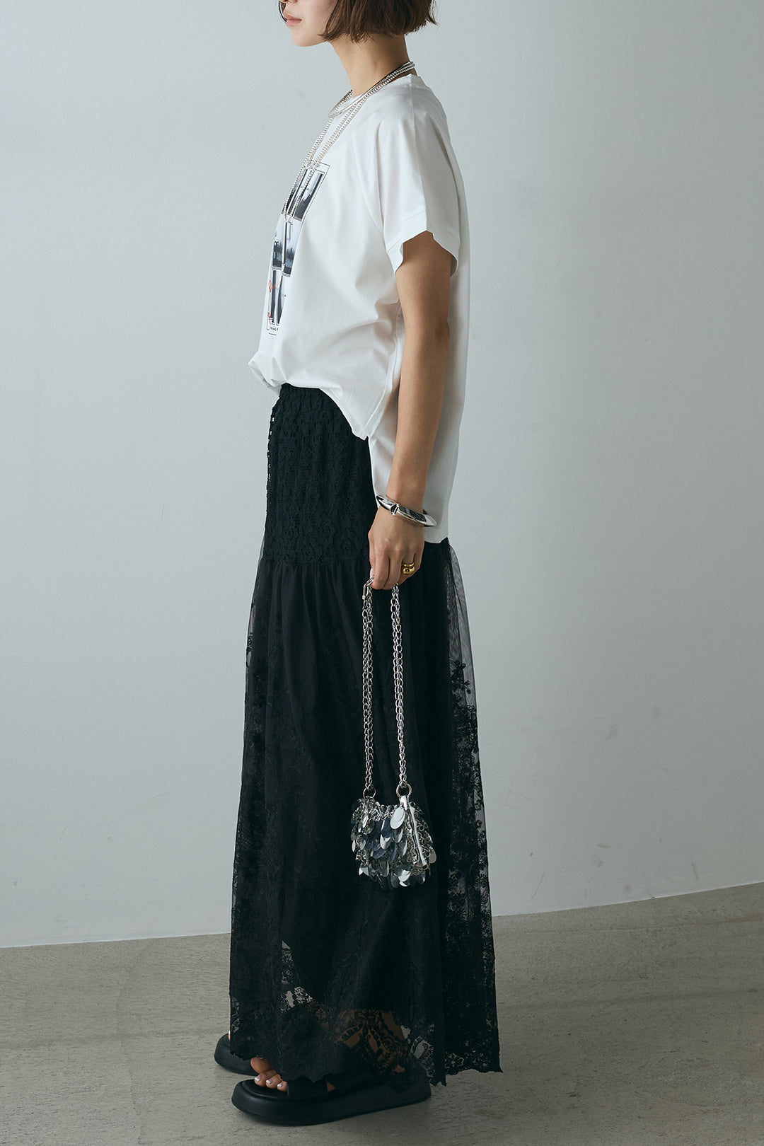 [SET]フォトプリントラグランTシャツ+ミックスレース刺繍スカート(2set)