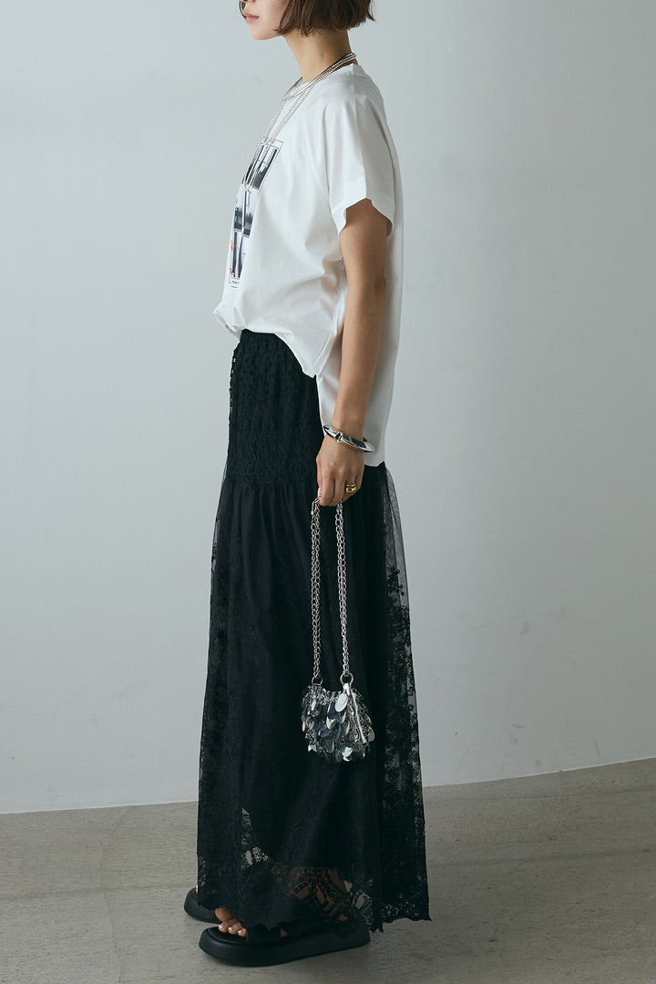 [SET]フォトプリントラグランTシャツ+ミックスレース刺繍スカート(2set)