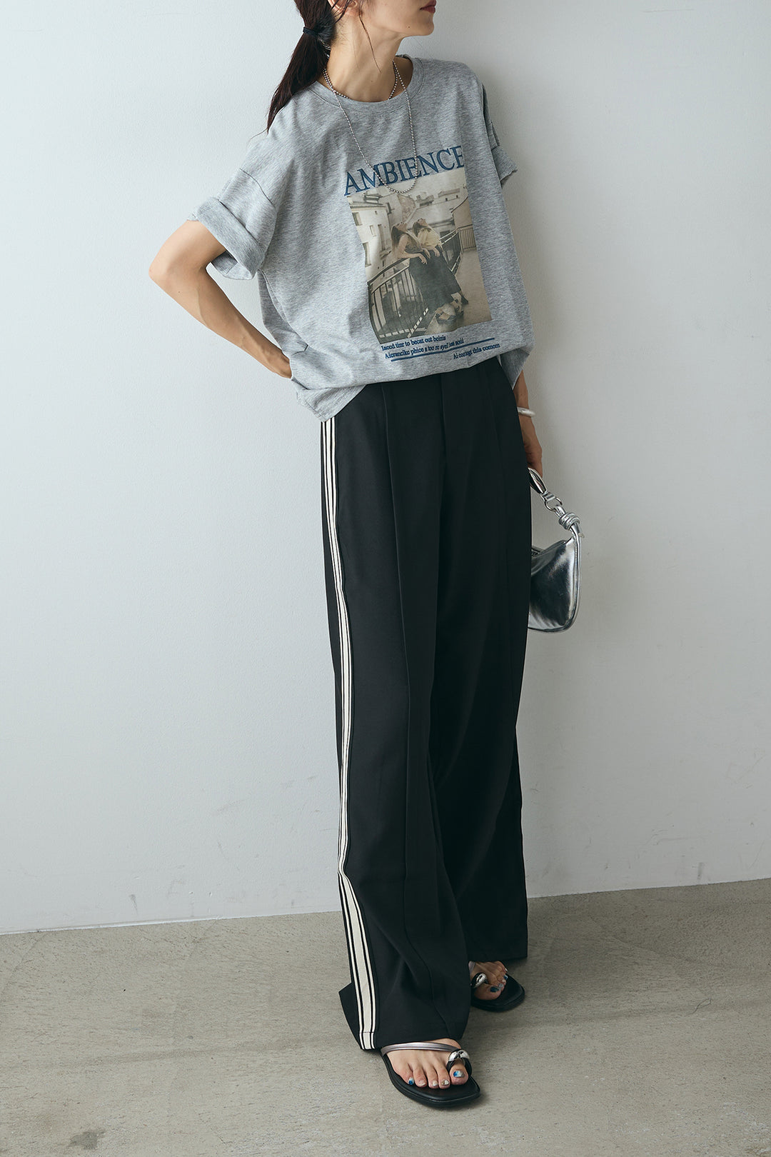 [SET]AMBIENCEフォトプリントTシャツ+サイドラインワイドスラックスパンツ(2set)