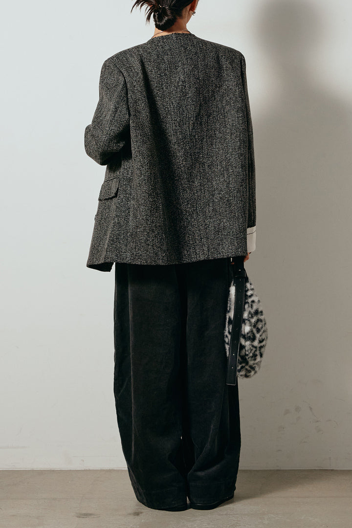 [SET]ノーカラーダブルボタンツイードジャケット+タック入りコーデュロイワイドパンツ(2set)