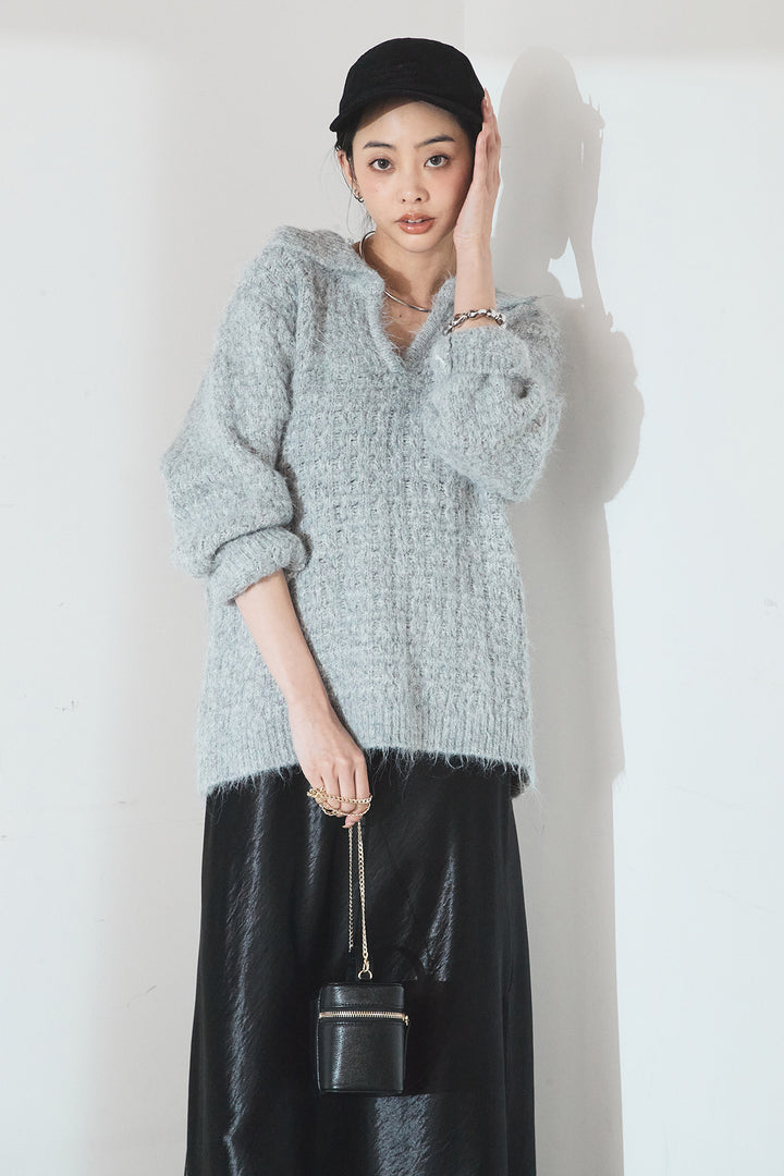 [SET]襟付きVネックニットトップス+裾レースデザインサテンスカート(2set)