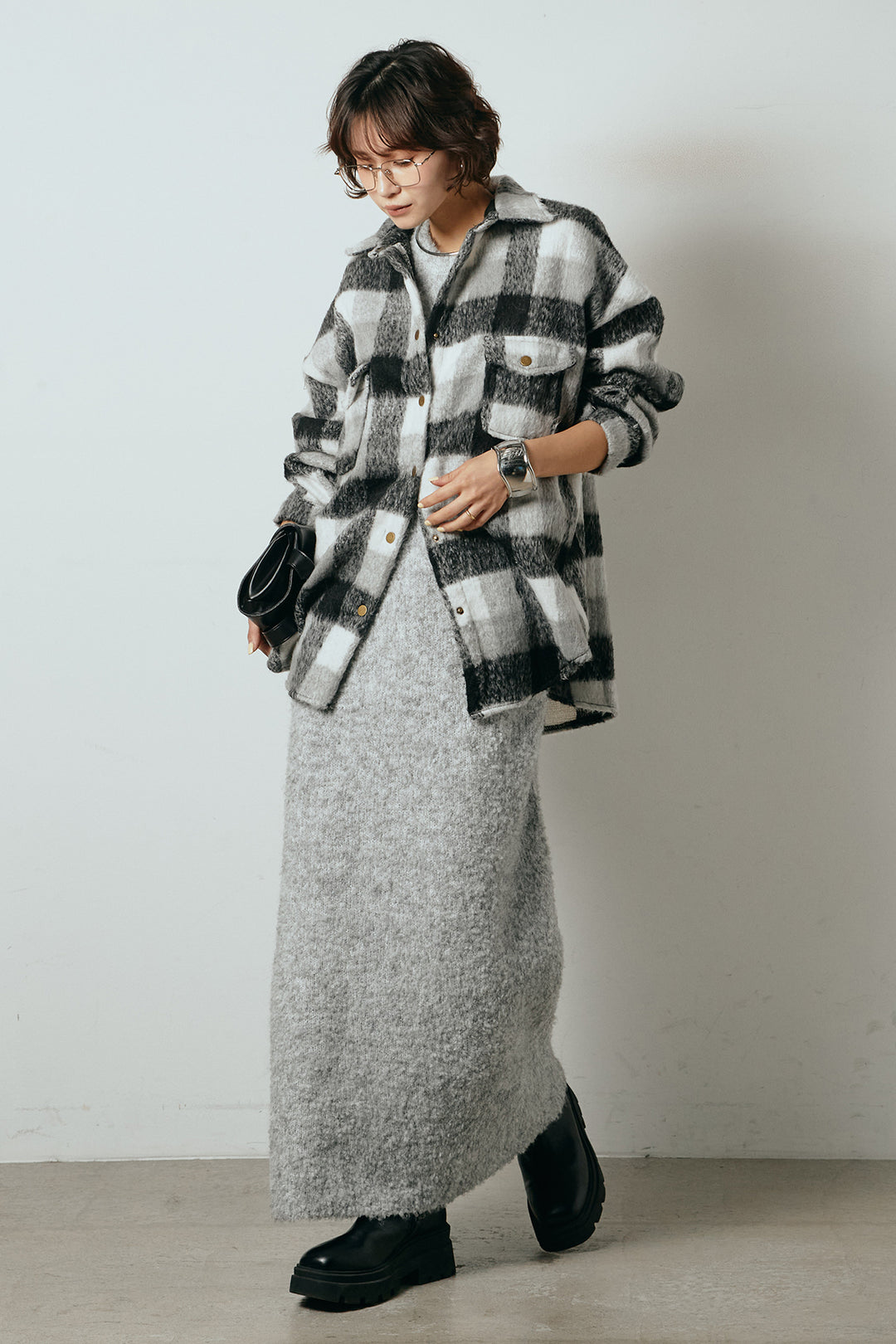 [SET]起毛チェック柄ポケットアウター+起毛ノースリーブニットロングワンピース(2set)