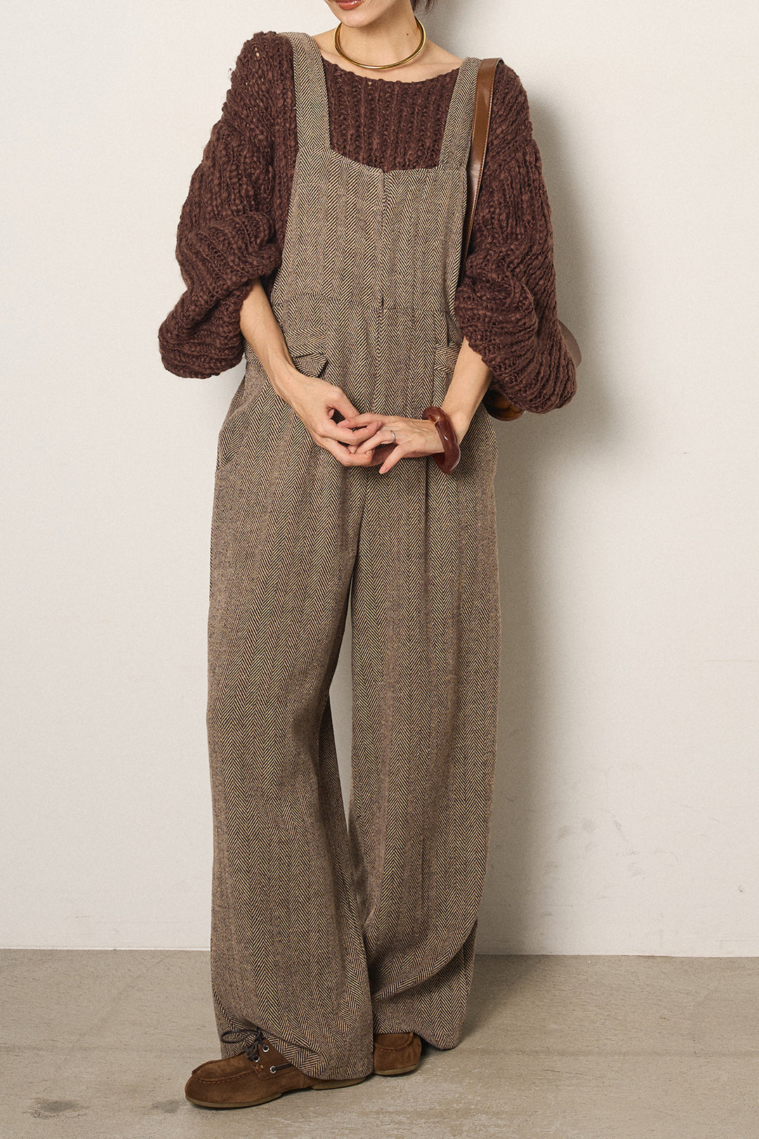 [SET]チャンキースラブニットクロップドプルオーバー+クラシックヘリンボーンサロペット(2set)