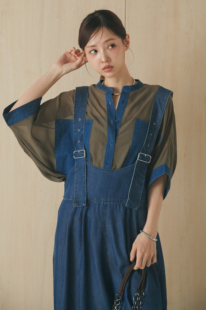 [SET]デニムライクビッグツーポケシアーシャツ+前後2WAYテンセルデニムサロペット(2set)