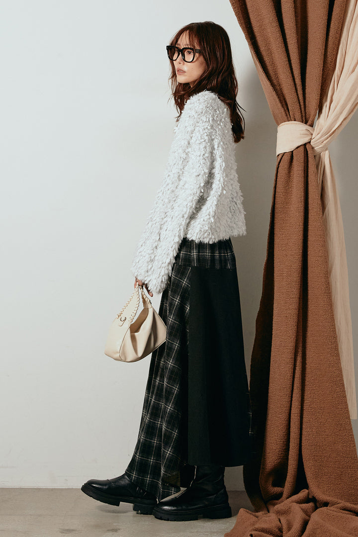 [SET]深Vネックチョウチョヤーンニットトップス+フェイクレザーベルト付き切り替えタータンチェックスカート(2set)