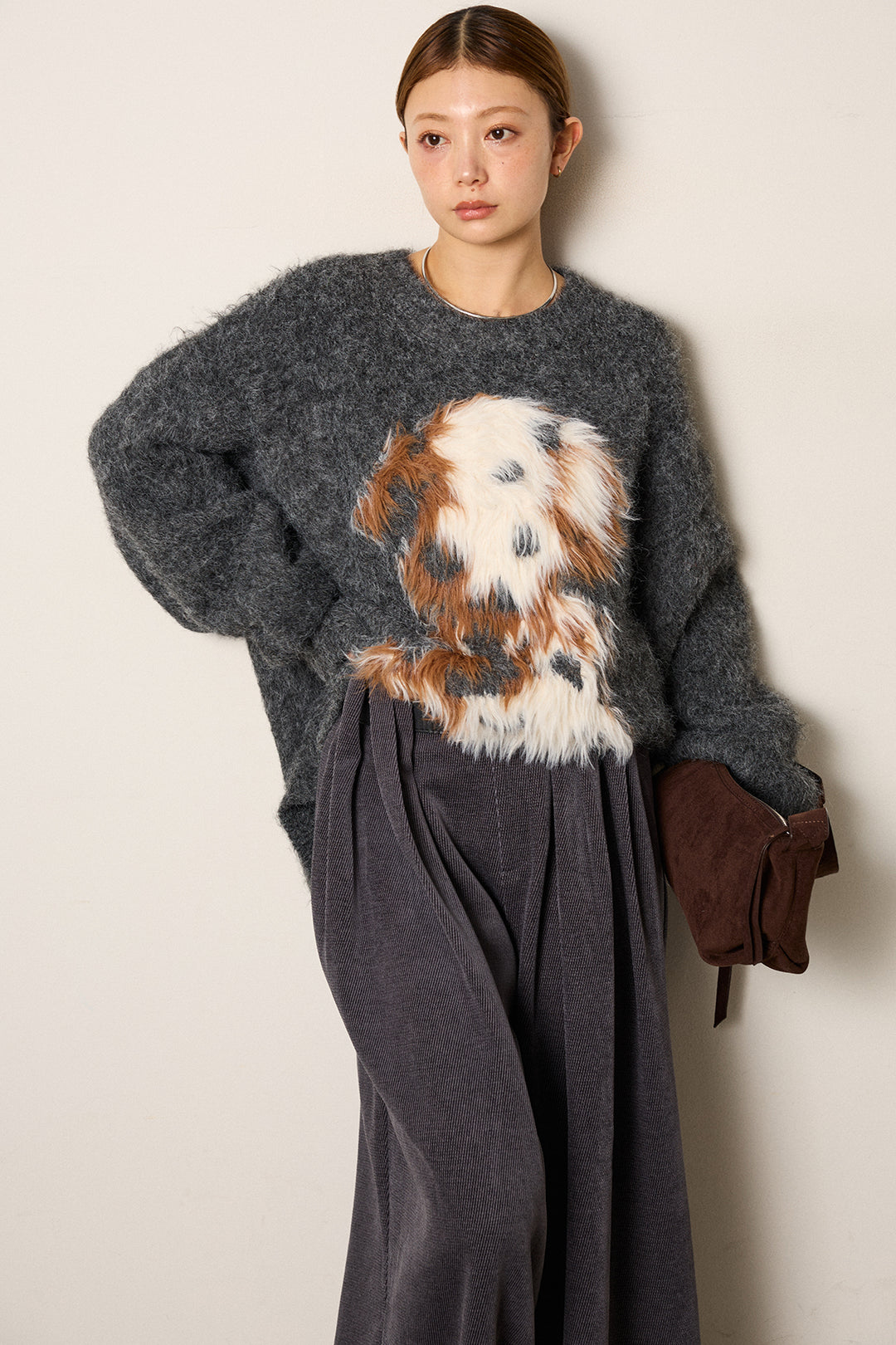 [SET]シャギーニュアンスアニマルニット+ベルトループコーデュロイワイドパンツ(2set)