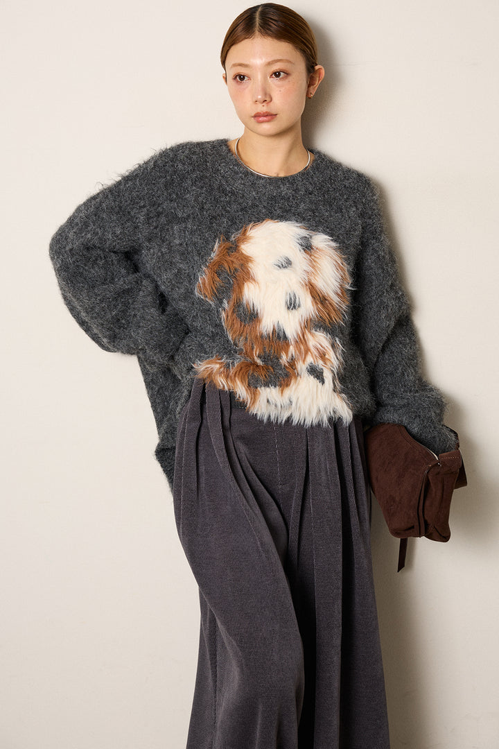 [SET]シャギーニュアンスアニマルニット+ベルトループコーデュロイワイドパンツ(2set)