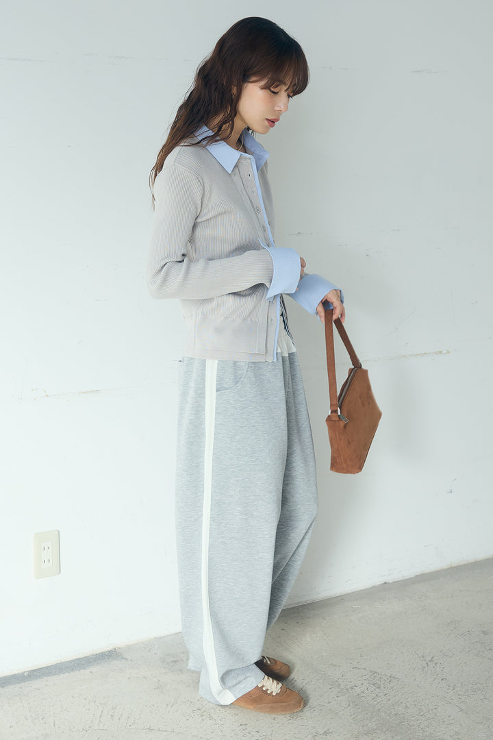 [SET]シャツドッキングボタンニットカーディガン+異素材切り替えスウェットパンツ(2set)