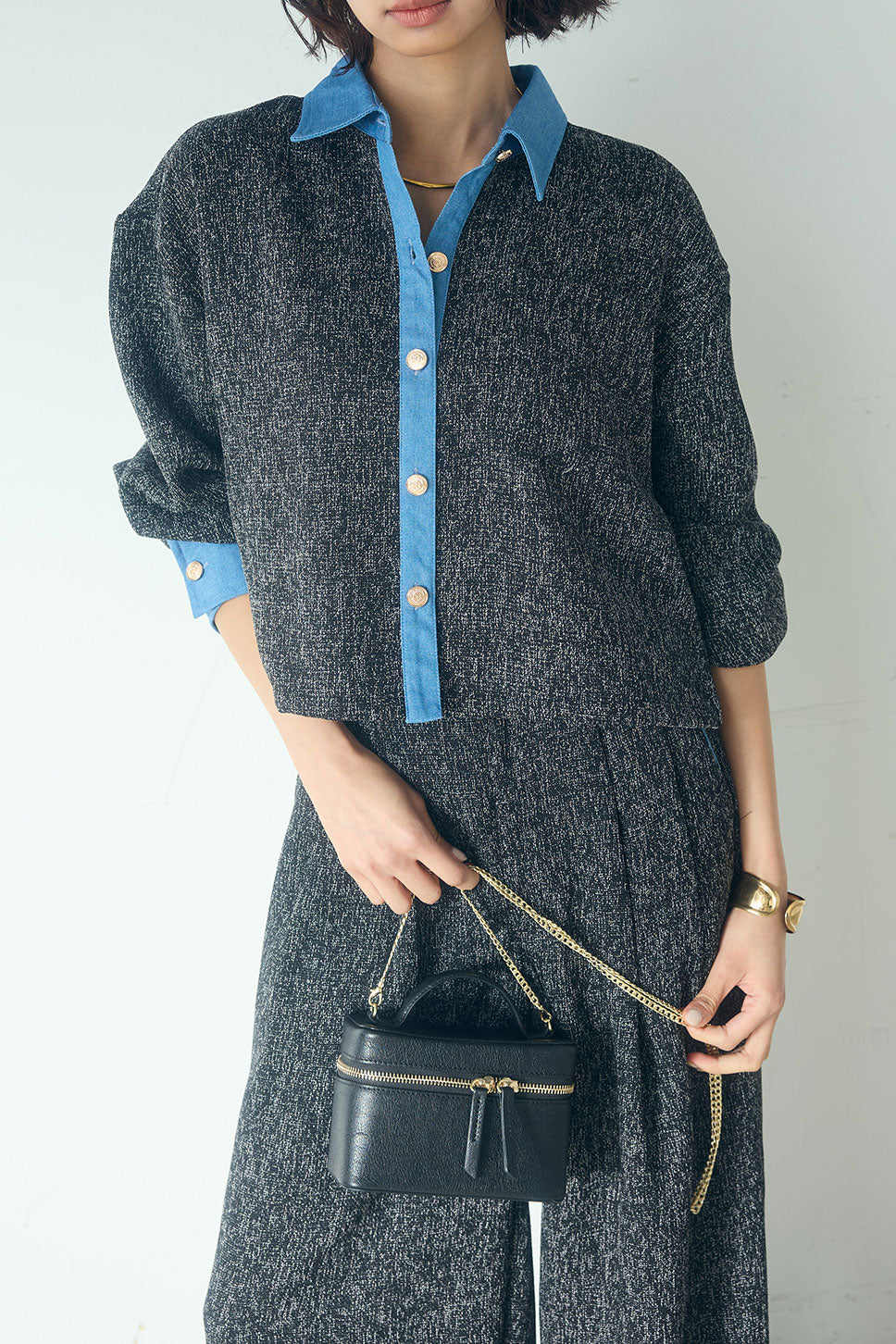[SET]ツイード×デニムショート丈シャツ+ツイード×デニムハイウエストラインロングパンツ(2set)