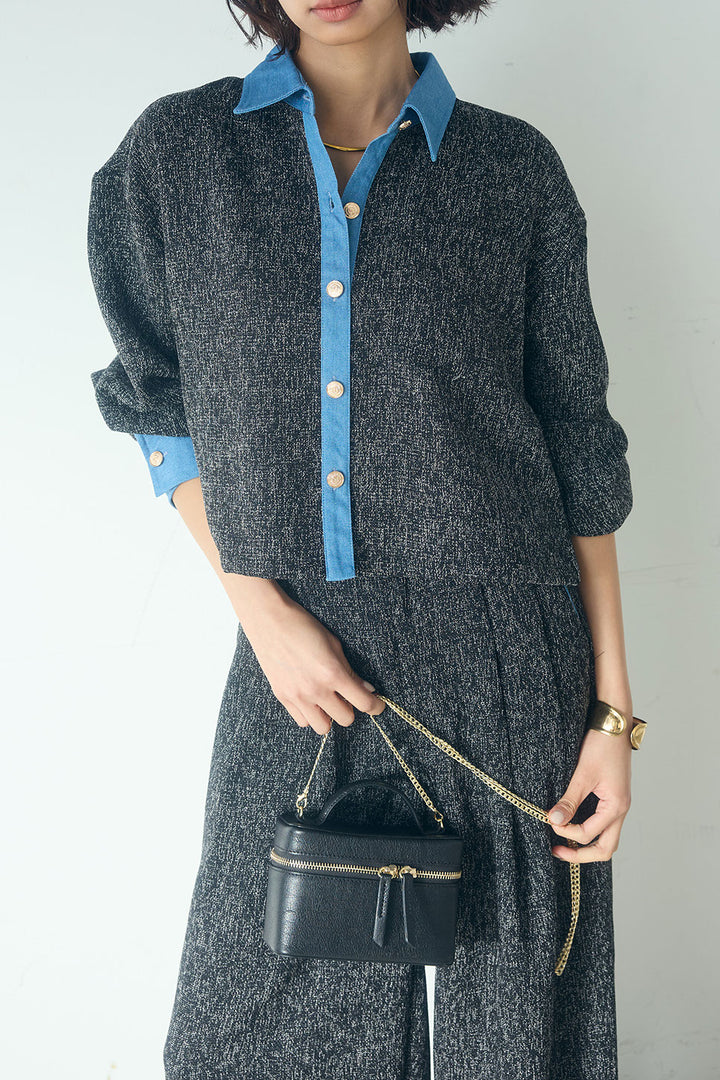 [SET]ツイード×デニムショート丈シャツ+ツイード×デニムハイウエストラインロングパンツ(2set)