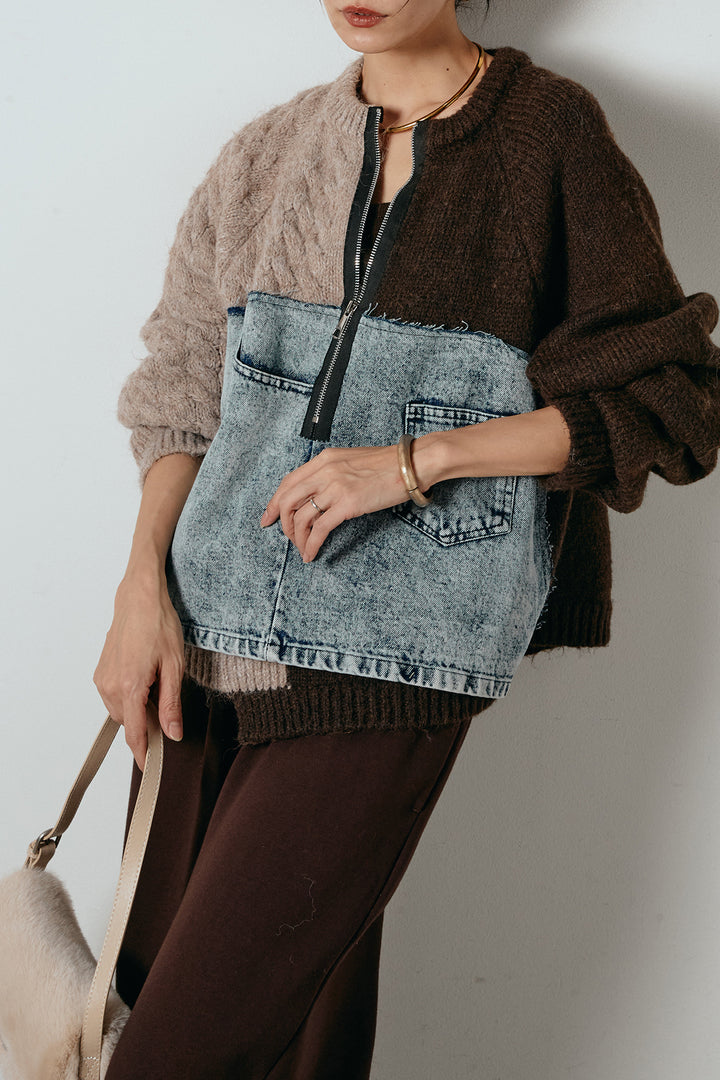 [SET]ハーフジップニットデニムドッキングトップス+裏起毛スウェットワイドパンツ(2set)