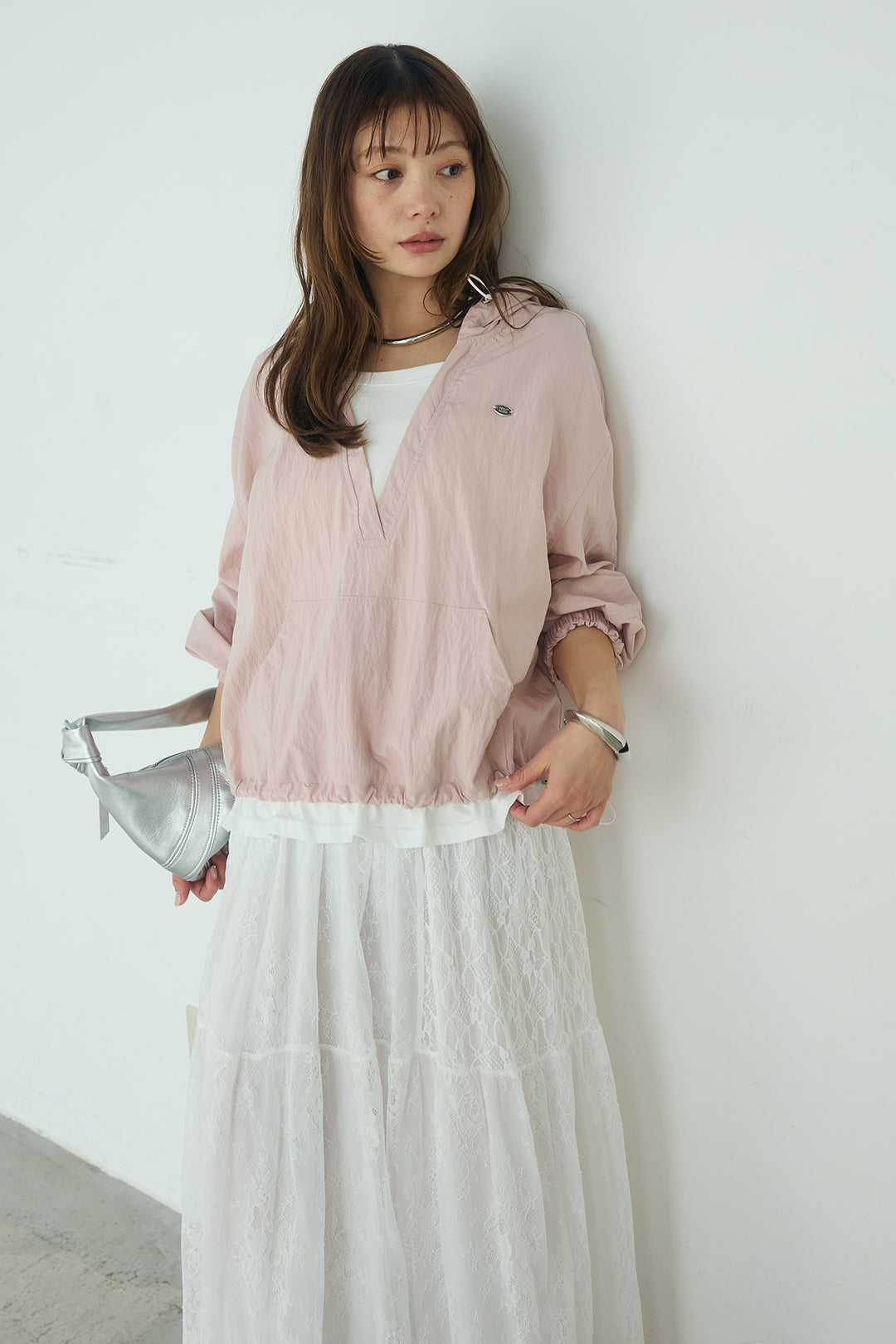 [SET]レイヤードデザインフーディートップス+ひげレース切替ロング丈スカート(2set)