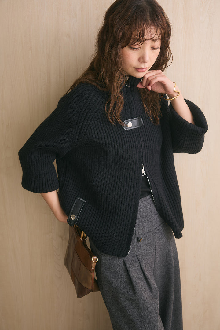 [SET]リブ編みレザーコンビべルト付きブルゾン+ナポレオンボタンデザインタック入りパンツ(2set)