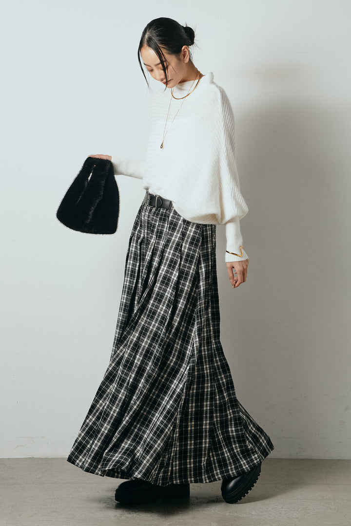 [SET]ポンチョシルエット透かしニットトップス+ベルト付きタータンチェックプリーツスカート(2set)