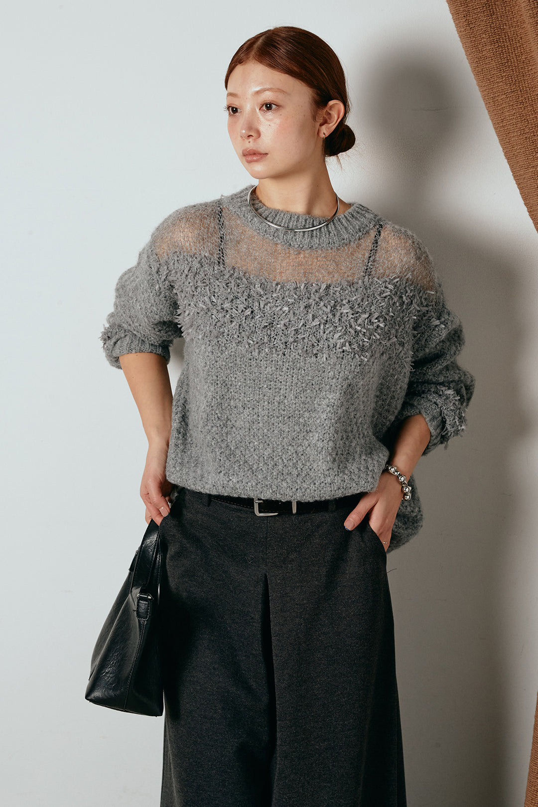 [SET]パターンランダム編みニットトップス+ベルト付きフロントタックデザインパンツ(2set)