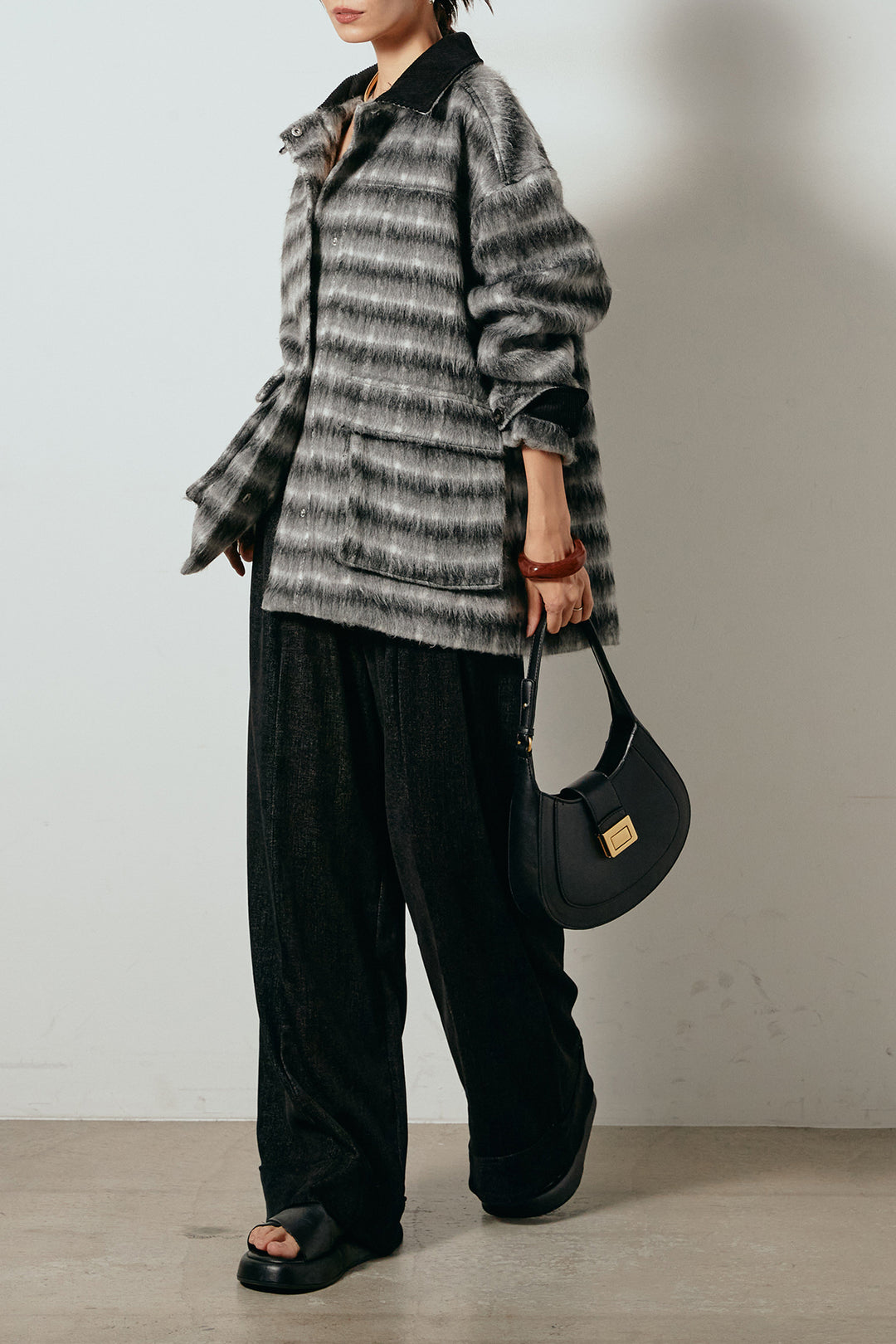 [SET]チェックシャギーミドルカバーオール+フェイクレザーベルト付きスウェードライクワイドパンツ(2set)