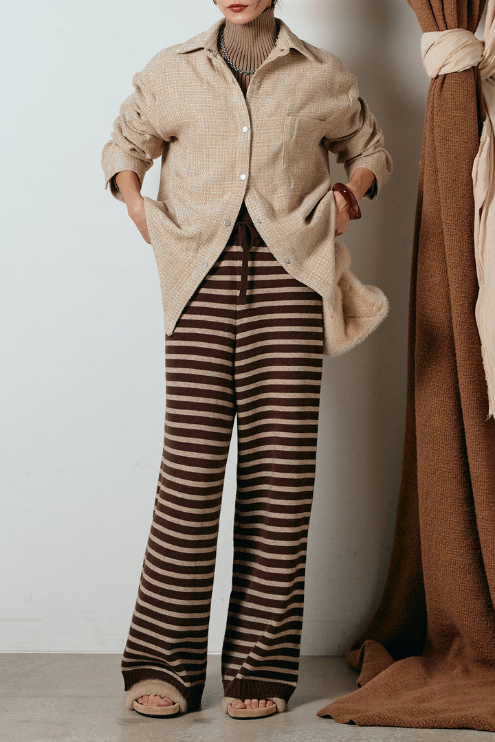 [SET]ルーズクラッシュツイルシャツ+ボーダーリラックスニットパンツ(2set)