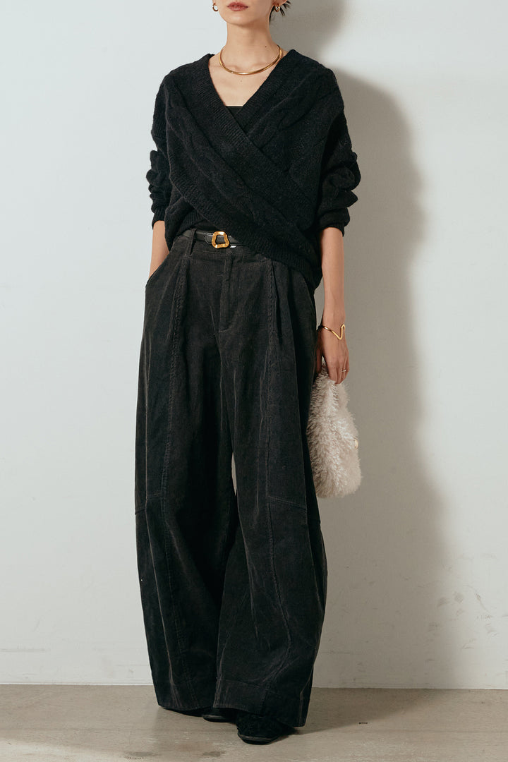 [SET]ケーブルカシュクールニットトップス+タック入りコーデュロイワイドパンツ(2set)