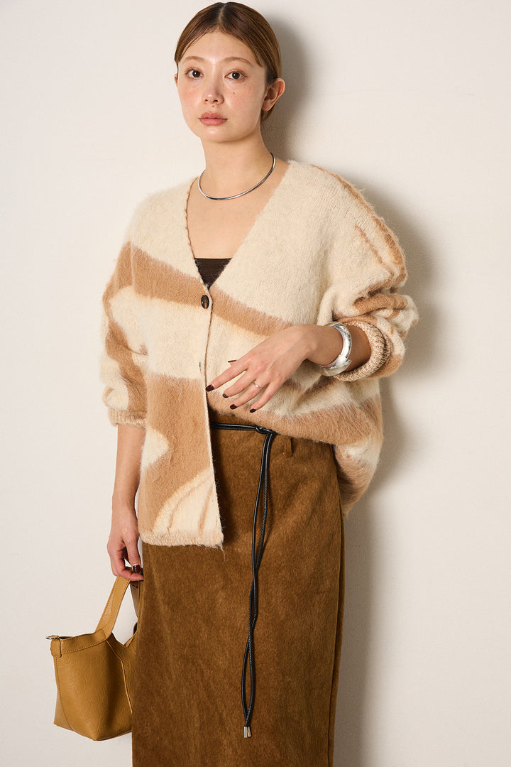 [SET]アクセントブラッシュドカーディガン+ロープベルト付きスウェード調スカート(2set)